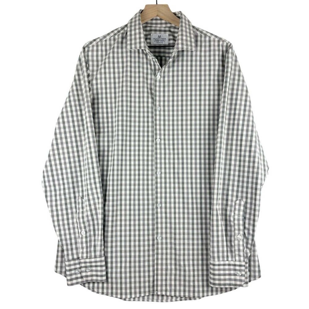 Mizzen Main Shirt Mens XL‎ Trim Fit Performance Button Up Gray White Check